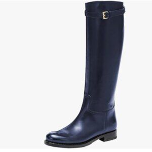 FSJ Navy  Regular Round Toe Riding Knee High Boot Wide Calf Buckled Strappy Shoe